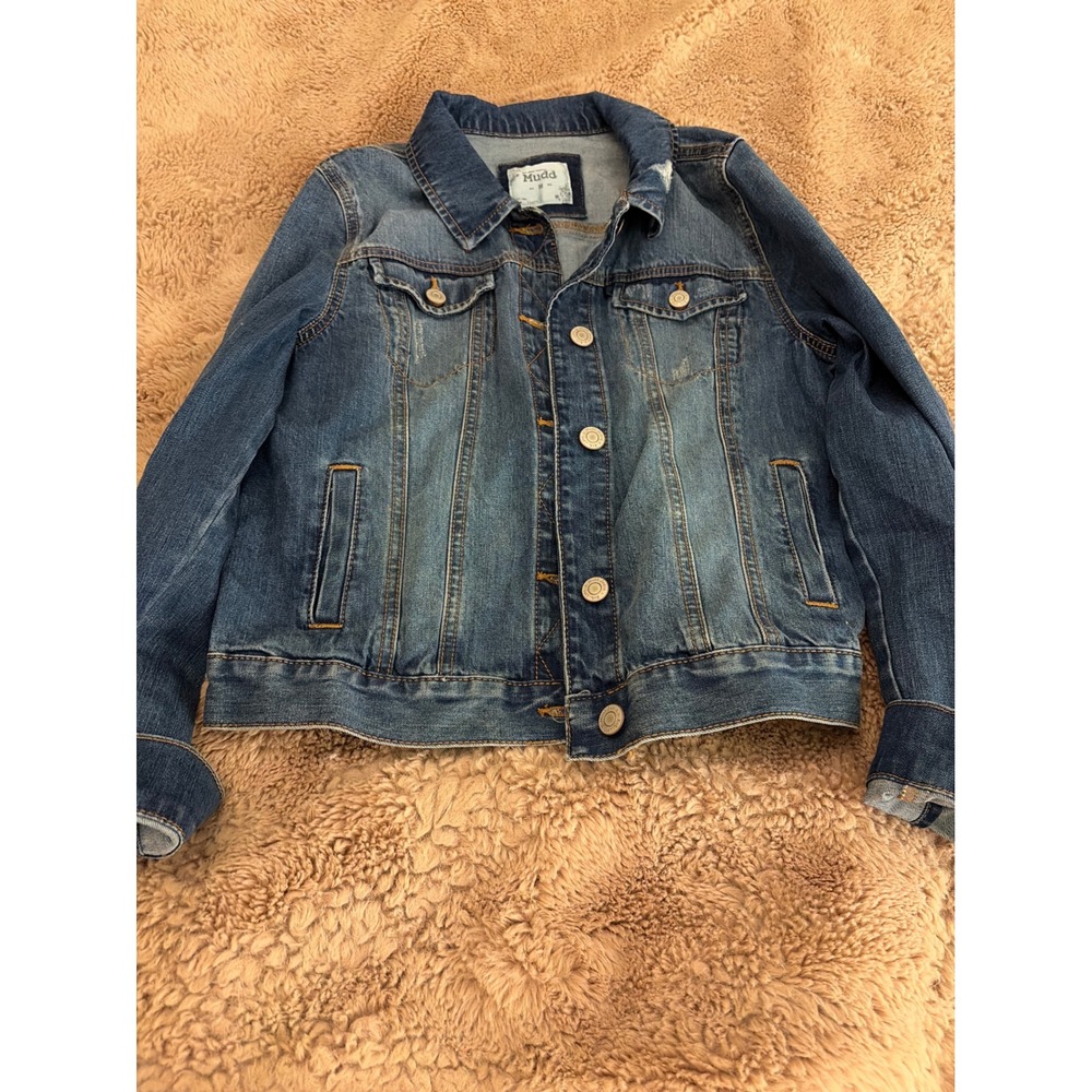 Mudd Womens Medium Wash Denim Trucker Jacket Distressed Blue Size Medium